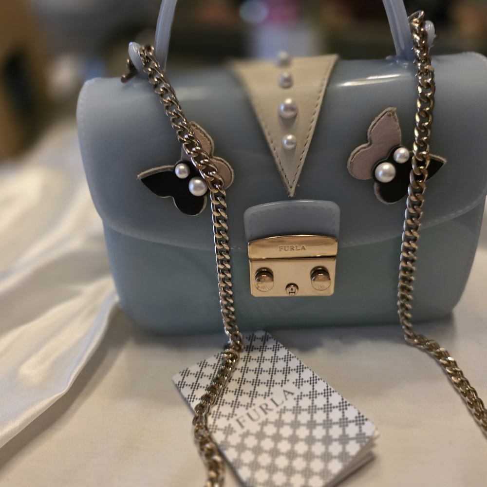 Furla Blue Mini Jelly Top-Handle Bag with Pearl Butterfly Detail